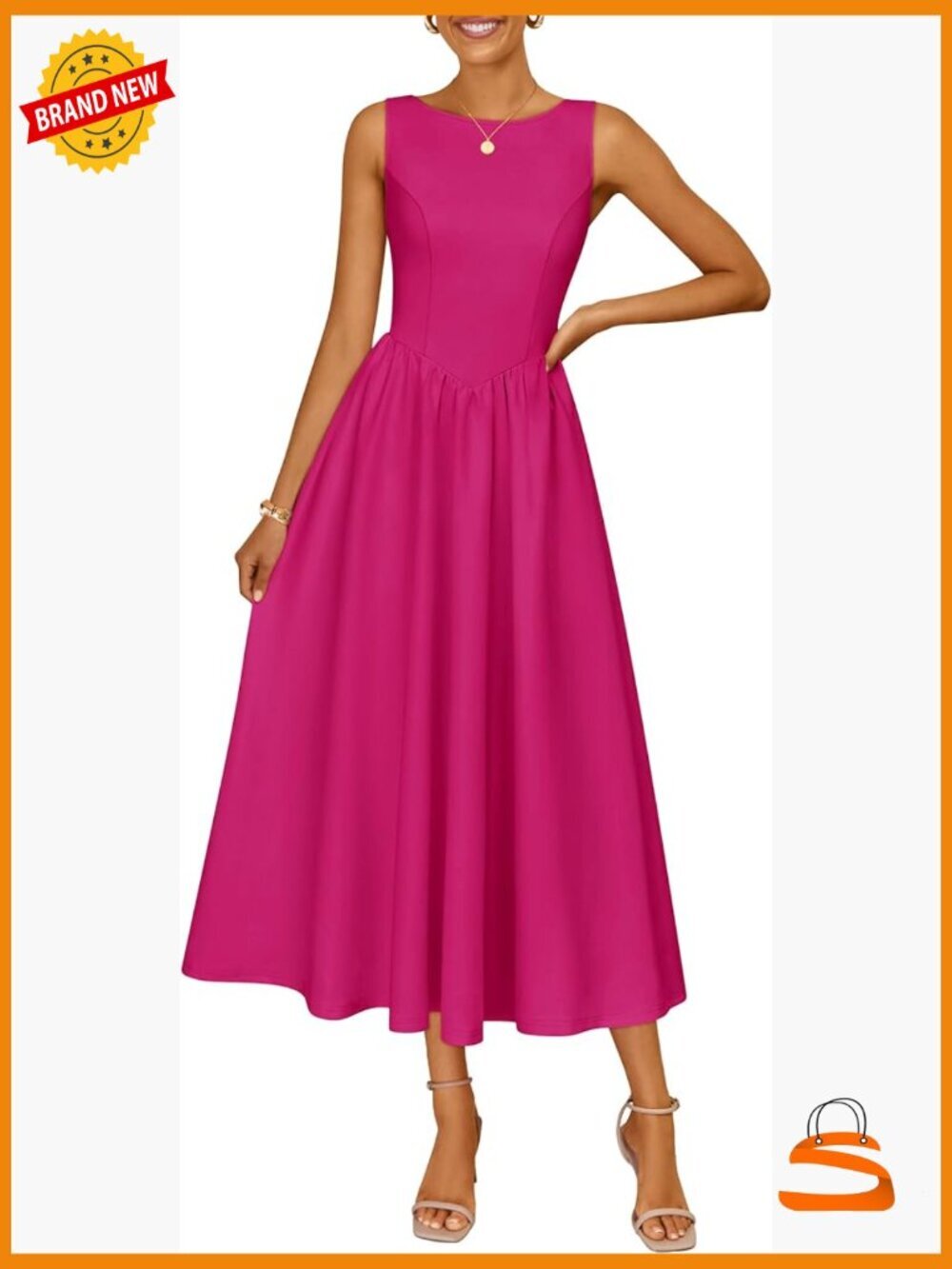 Sleeveless Crewneck A-Line Midi Dress with Pockets Flowy Wedding Guest Dress